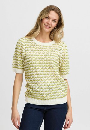 Knit sweater featuring a wavy green and white pattern, short sleeves, round neckline, and a ribbed hem. Lightweight texture.