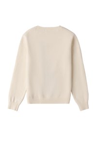 Crème trui met een ribbelvormige ronde hals en lange mouwen. Zachte textuur, nauwsluitende manchetten en een eenvoudig, clean design.