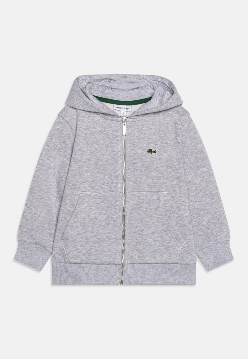 Gray zip-up hoodie made of cotton blend. Features a hood, two front pockets, and a small green logo on the chest. Ribbed cuffs and hem.