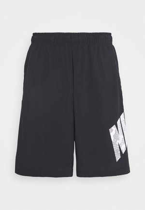 Sorte atletikshorts med elastisk talje og hvidt grafisk design på venstre underben.