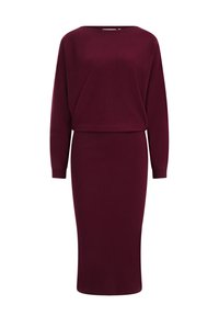 Vinröd stickad tröja och medellång kjol-set. Har långa ärmar, en lös passform, ribbat mönster och en rak silhuett.