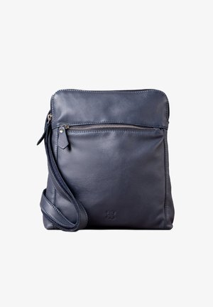 Navy leather crossbody bag with a zippered front pocket, a smooth texture, and a short adjustable strap. Features a subtle logo detail.