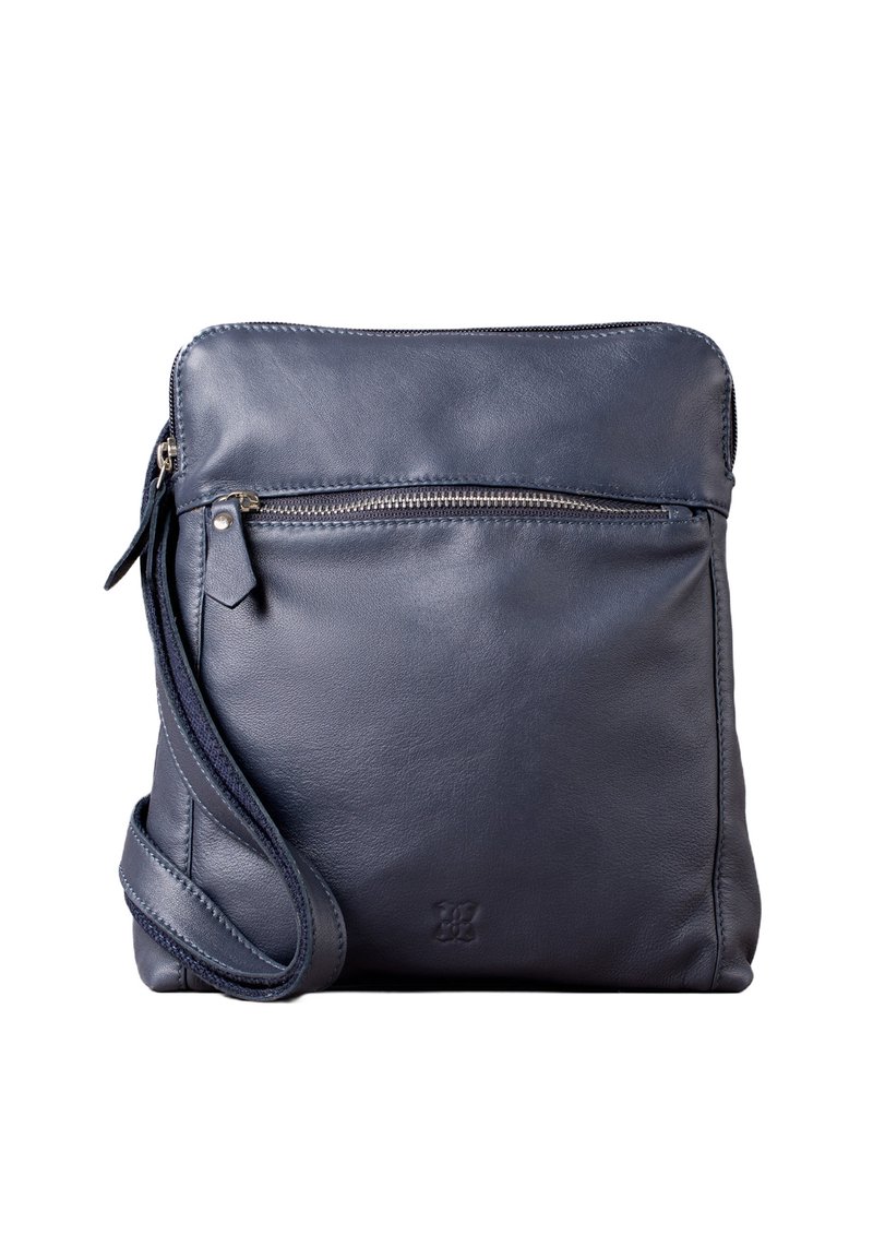 Navy leather crossbody bag with a zippered front pocket, a smooth texture, and a short adjustable strap. Features a subtle logo detail.