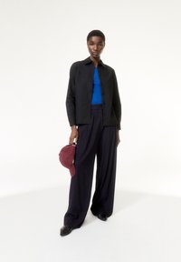 Black button-up shirt, royal blue top, pinstriped wide-leg trousers, holding a maroon cap, black pointed shoes, smooth textures, minimal background.
