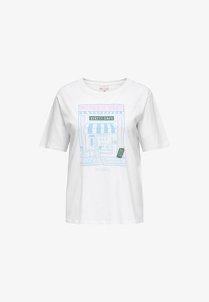 Biely bavlnený tričko s jasne modrou grafikou ulice kaviarne so textom "NAJLEPŠÍ NA SVETE" a zelenou tabuľou s menu. Krátke rukávy, voľný strih.