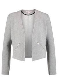 Szara krótka kurtka z długimi rękawami, otwarty przód, prążkowana struktura i kieszenie na zamek. Ozdobiona subtelnym czarnym akcentem wzdłuż dekoltu.