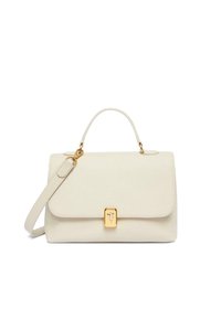 Borsa a mano strutturata beige realizzata in materiale testurizzato, con patta pieghevole, hardware in tonalità oro e tracolla rimovibile.
