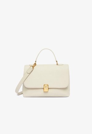 Borsa a mano strutturata beige realizzata in materiale testurizzato, con patta pieghevole, hardware in tonalità oro e tracolla rimovibile.