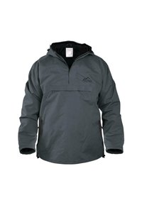 Dunkelgrauer Pullover-Jacke mit halbseitigem Reißverschluss, verstellbare Kapuze und schwarzem Innenfutter; verfügt über eine Brusttasche mit Reißverschluss und Logo.