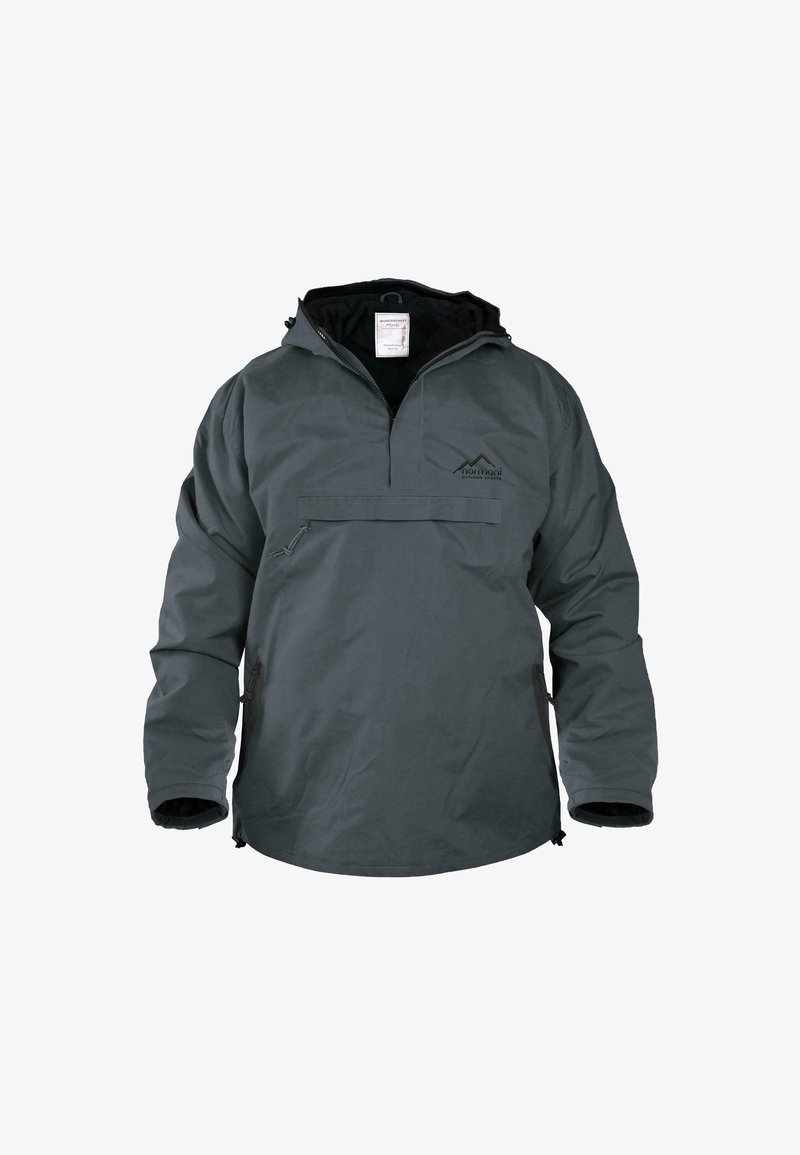 Dunkelgrauer Pullover-Jacke mit halbseitigem Reißverschluss, verstellbare Kapuze und schwarzem Innenfutter; verfügt über eine Brusttasche mit Reißverschluss und Logo.