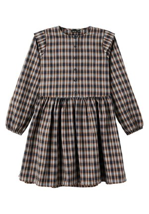 Sukienka z długim rękawem w kratę w odcieniach niebieskiego, brązowego i kremowego. Okrągły dekolt z zapięciem na guziki oraz marszczona spódnica.