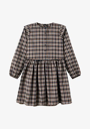 Sukienka z długim rękawem w kratę w odcieniach niebieskiego, brązowego i kremowego. Okrągły dekolt z zapięciem na guziki oraz marszczona spódnica.