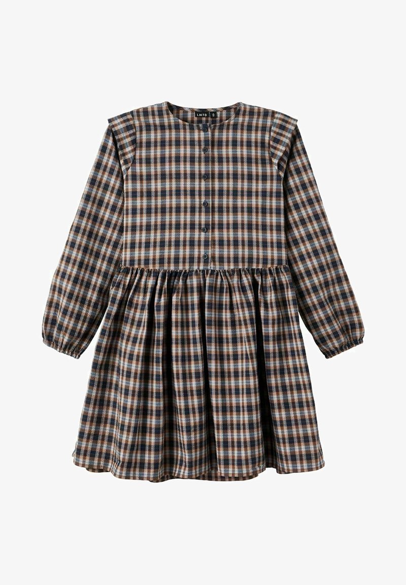 Robe à manches longues avec motif à carreaux comprenant des couleurs bleu, marron et crème. Encolure ronde avec fermeture à boutons et jupe plissée.