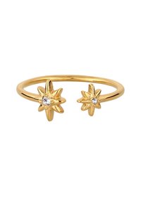 Gouden ring met twee stervormige ontwerpen en heldere edelsteenaccenten, waardoor een gestructureerde en open band ontstaat.