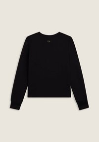 Sudadera negra de manga larga con cuello redondo, puños acanalados y un pequeño detalle de logo en la parte posterior. Tejido suave con una textura lisa.