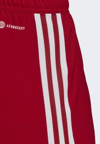 Rode sportieve shorts gemaakt van zachte stof. Voorzien van een elastische tailleband, witte strepen langs de zijkanten en ademende mesh accenten.
