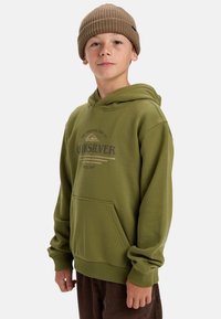 Sudadera verde con capucha y un bolsillo frontal, que presenta un logo de Quiksilver en púrpura y gris. El modelo lleva un gorro de lana marrón.