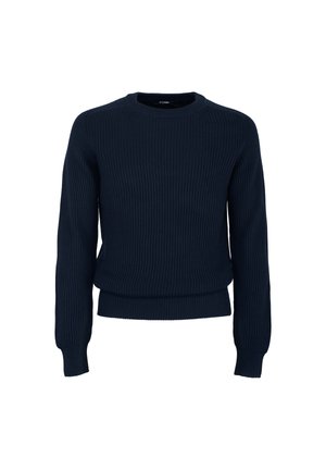 Maglione a coste di colore blu navy con scollatura rotonda, maniche lunghe e vestibilità aderente in vita, che mette in mostra una superficie testurizzata.