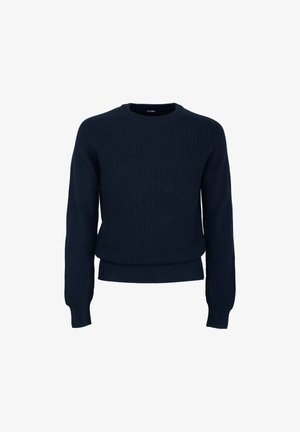 Maglione a coste di colore blu navy con scollatura rotonda, maniche lunghe e vestibilità aderente in vita, che mette in mostra una superficie testurizzata.
