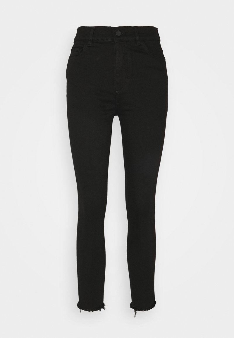 Jean skinny noir taille haute avec ourlet brut et fermeture à boutons sur le devant, présenté sur un fond blanc uni.