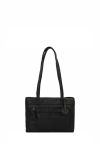 Borsa a mano in pelle nera con due spallacci, tasca con zip anteriore e un ciondolo metallico rotondo con design ad ancora. Texture liscia.