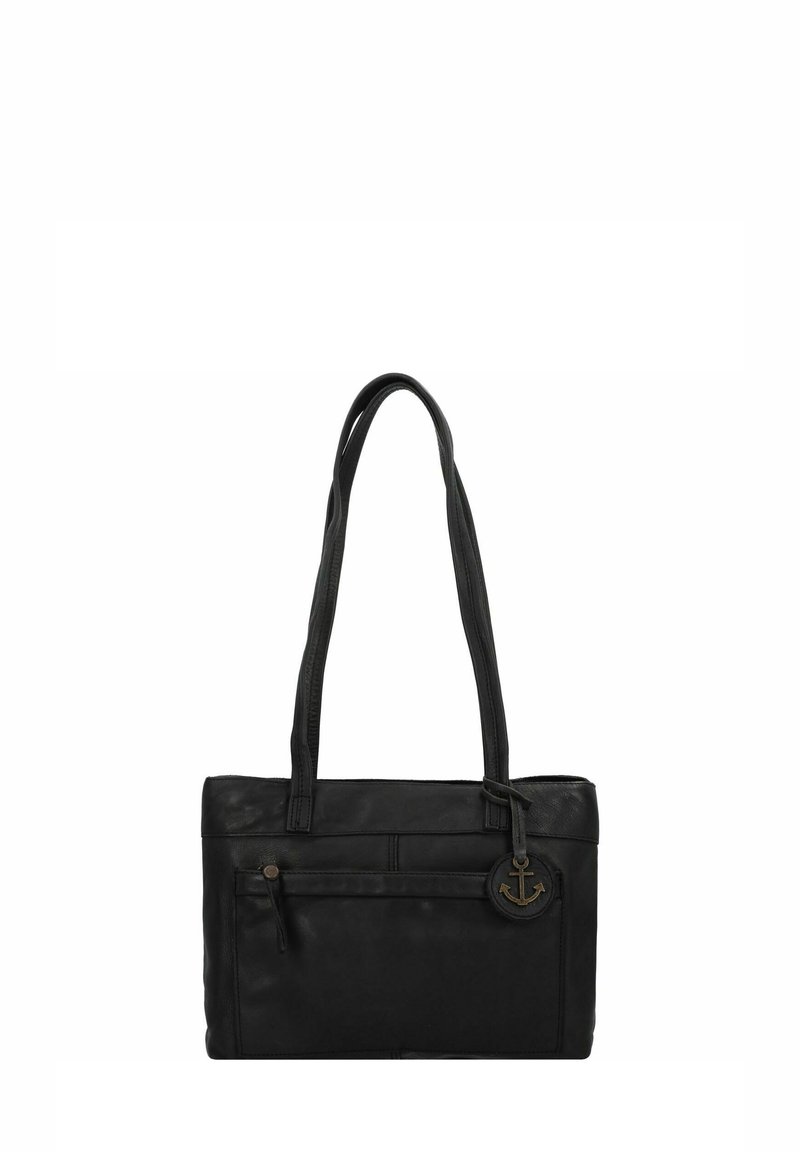 Borsa a mano in pelle nera con due spallacci, tasca con zip anteriore e un ciondolo metallico rotondo con design ad ancora. Texture liscia.
