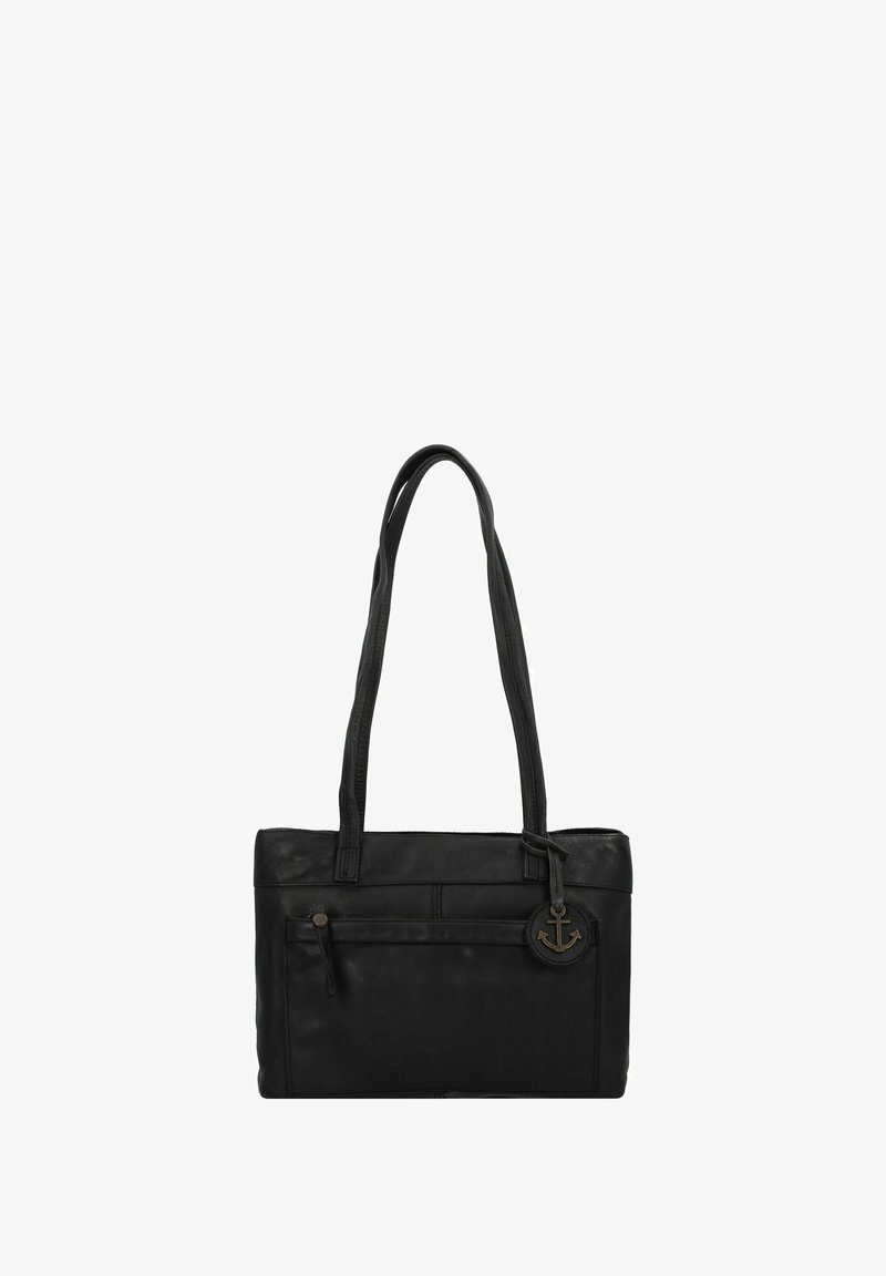 Borsa a mano in pelle nera con due spallacci, tasca con zip anteriore e un ciondolo metallico rotondo con design ad ancora. Texture liscia.
