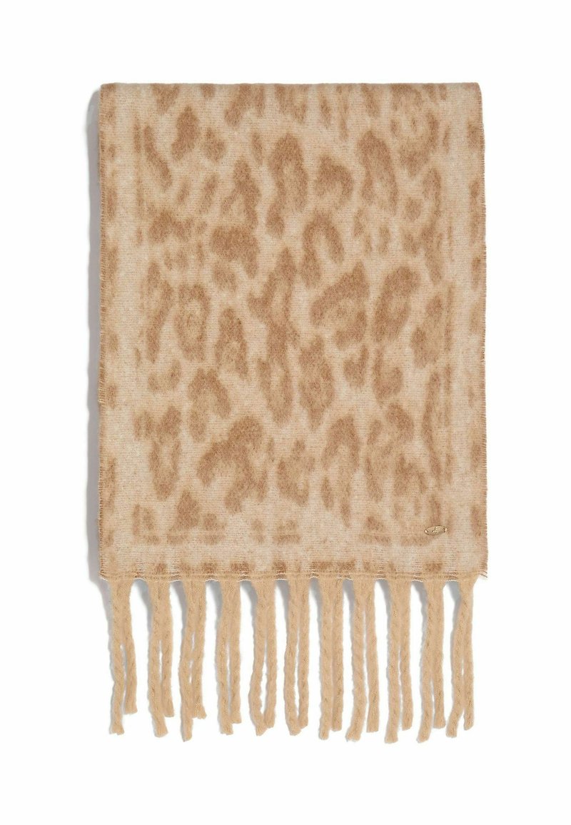 Bufanda suave beige con un patrón de leopardo en marrón claro y extremos con flecos, dispuesta plana sobre un fondo blanco.