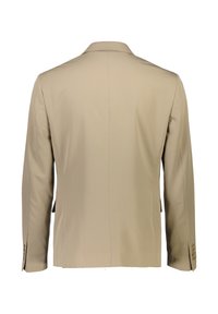 Beiger Blazer mit Reverskragen, klaren Linien und Dreiknopfärmeln. Hergestellt aus glattem Material mit taillierter Passform. Rückansicht angezeigt.