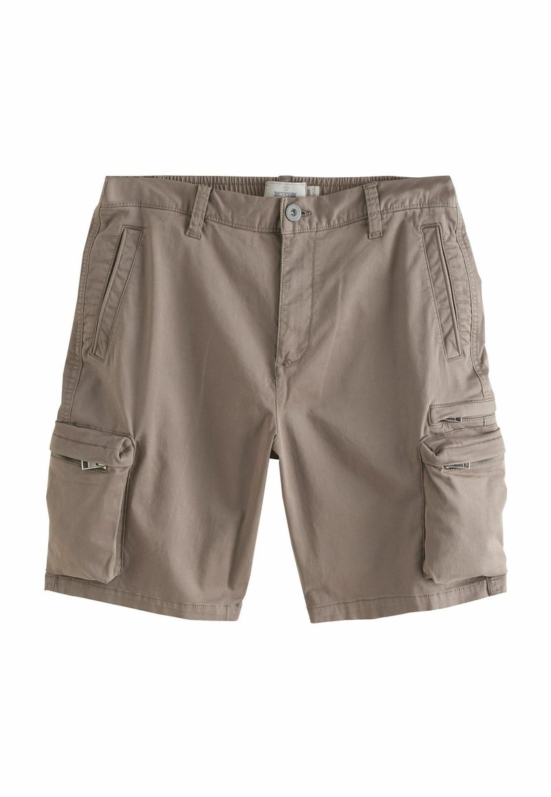 Shorts cargo beige en matériau léger, dotés de deux poches avant, de poches cargo latérales avec fermetures éclairs et d'une fermeture à bouton.