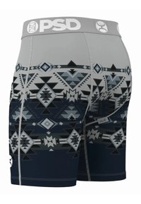 Moške prilagojene hlačke s geometričnim sivim in črnim vzorcem, izdelane iz raztegljivega materiala, z sivim pasom, na katerem je napis "PSD".
