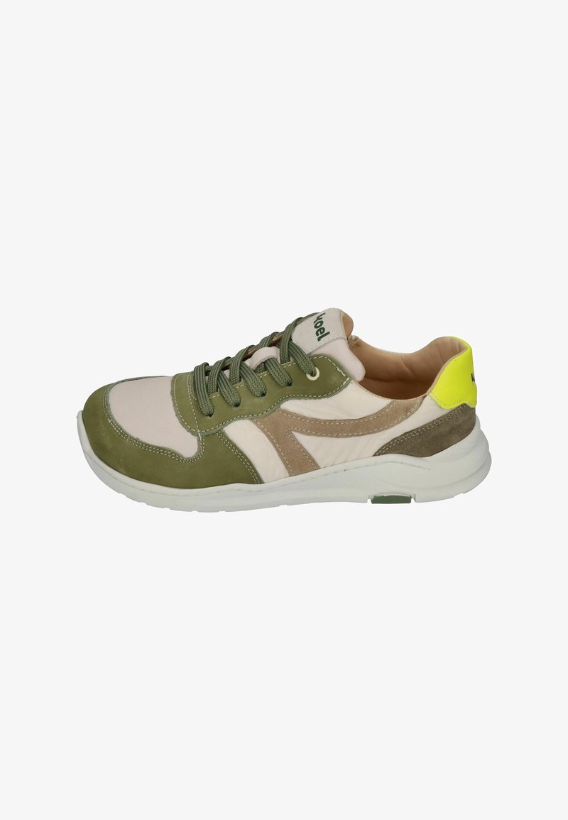 Lace-up sneaker in green, beige, and white. Suede and leather materials with a textured finish. Features a bright yellow heel accent.