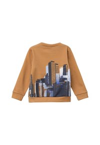 Bruine sweatshirt met een gekleurde achterkant en een stadsbeeld grafiek in blauw, zwart en wit. Gemaakt van zachte, rekbare stof.