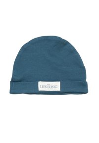 Blue knit beanie hat with a folded brim featuring a white patch labeled "The Lion King" on a white background.