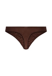 String brun avec un panneau avant lisse et des détails en dentelle à l'arrière, avec une texture douce et une taille élastique.