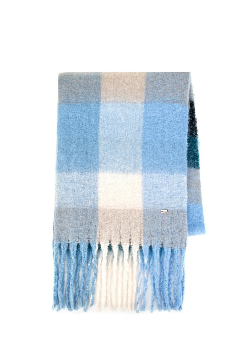 Wełniany szal w kratę z blokami w kolorze jasnoniebieskim, szarym i kremowym, wykończony frędzlami i małą metalową metką z logo marki.