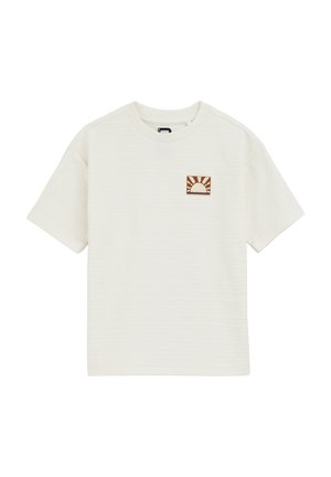 Cream-colored t-shirt with short sleeves, featuring a small brown embroidered sun logo on a square patch. Made from textured fabric.