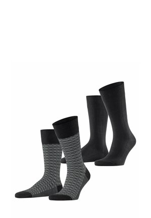 Set von vier Socken: zwei einfarbige schwarze, zwei grau gemusterte. Die Socken verfügen über gerippte Bündchen, eine glatte Textur und verstärkte Zehen- und Fersenpartien.