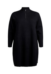 Mustal pikkade varrukatega kudum Kleid, millel on kõrge krae ja esikinnitus, omades sirget ja lõdvestunud lõiget.