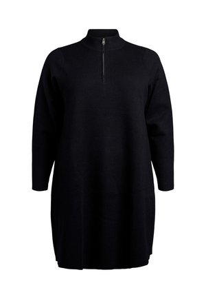 Černé pletené šaty s dlouhým rukávem, vysokým límcem a předním zipem, s rovný a uvolněný střih.