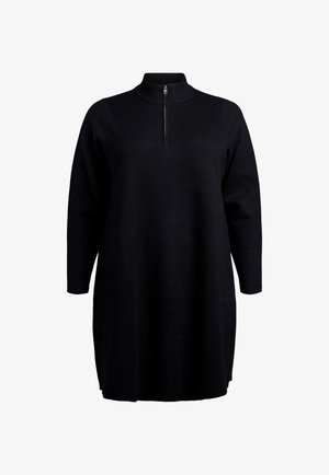 Černé pletené šaty s dlouhým rukávem, vysokým límcem a předním zipem, s rovný a uvolněný střih.