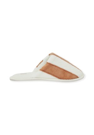 Pantofole a strisce bianche e beige con una parte superiore in tessuto morbido, design open-toe e suola imbottita per il comfort.