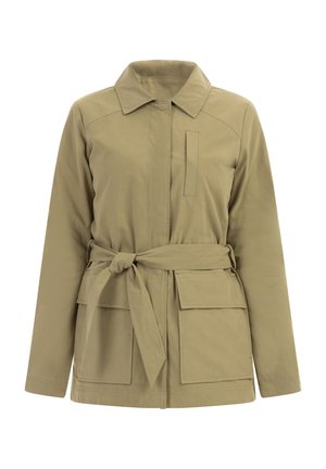 Kaki radna jakna s pojasom u struku, ima ovratnik, dva prednja džepa na zakrpama, džep na prsima i kroj ravan.