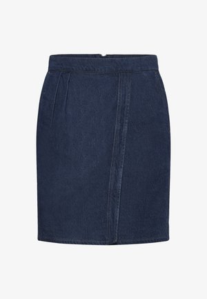 Fustă din denim albastru închis, croială dreaptă, cu detaliu de cusătură frontală și pliuri laterale, prevăzută cu închidere cu fermoar la spate.