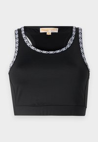 Black crop top made of smooth fabric featuring a round neckline and contrasting white logo trim along the edges.