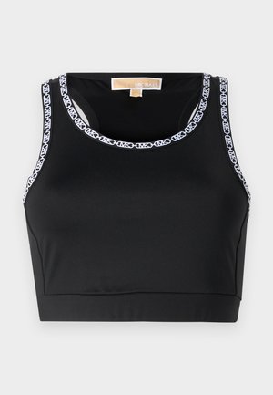 Crop top noir en tissu lisse avec un col rond et une finition en logo blanc contrastant sur les bords.