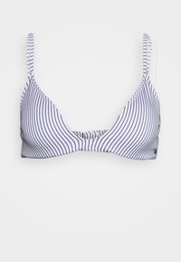 Top de bikini em triângulo riscado em branco e azul-marinho, com alças ajustáveis e tecido macio. Apresenta riscas horizontais clássicas e hardware minimalista.