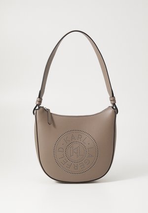 Brown synthetic leather shoulder bag with perforated circular logo, top zipper closure, and adjustable strap. Smooth texture and curved shape.