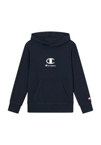 Felpa con cappuccio blu marina realizzata in morbido cotone, dotata di tasca a marsupio, polsini a coste e logo stampato sul petto.