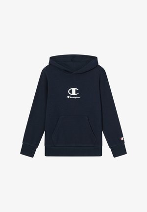 Granatowa bluza z kapturem wykonana z miękkiej bawełny, z kieszenią kangurzą, ściągaczami przy rękawach oraz logo nadrukowanym na piersi.